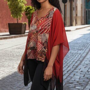 Upcycled T Shirt Red Black Poncho Chiffon Sleeves